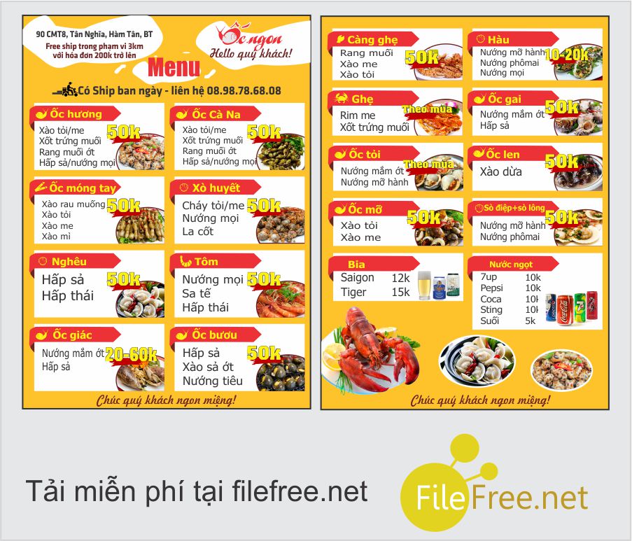 Tải menu quán ốc miễn phí file corelx12